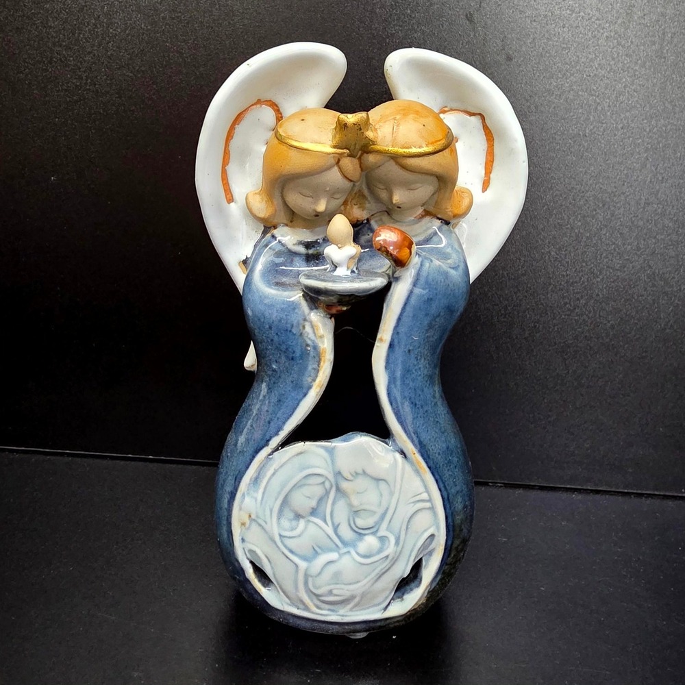 Nativity Angel Candle Holder 7in Blue Ceramic Holy Family Star Christmas Faith